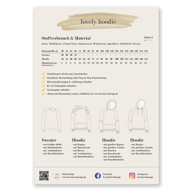 B-WARE lovely hoodie Papierschnittmuster 50-158